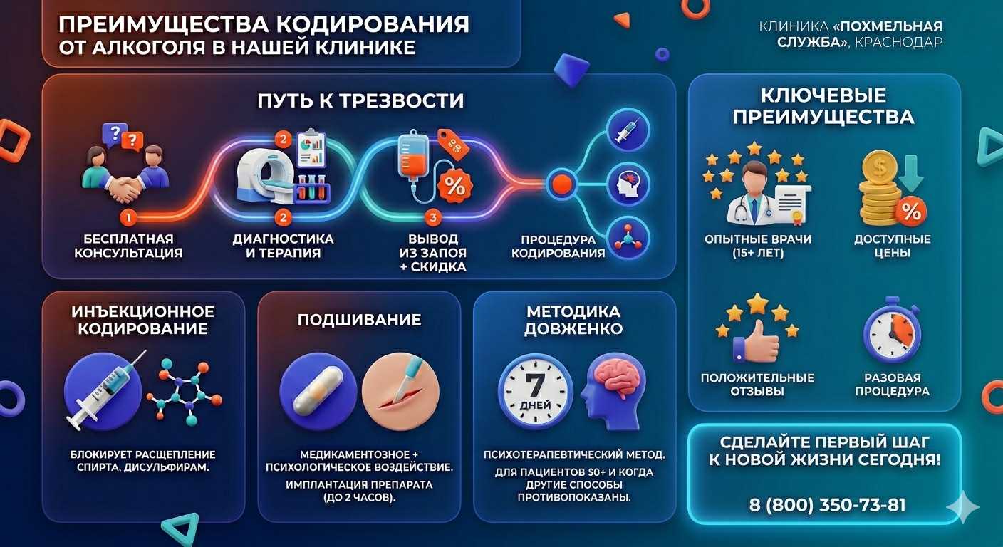 Инфографика о методах кодирования от алкоголя в Чурапче: инъекции, подшивание, метод Довженко. Преимущества клиники и этапы лечения.